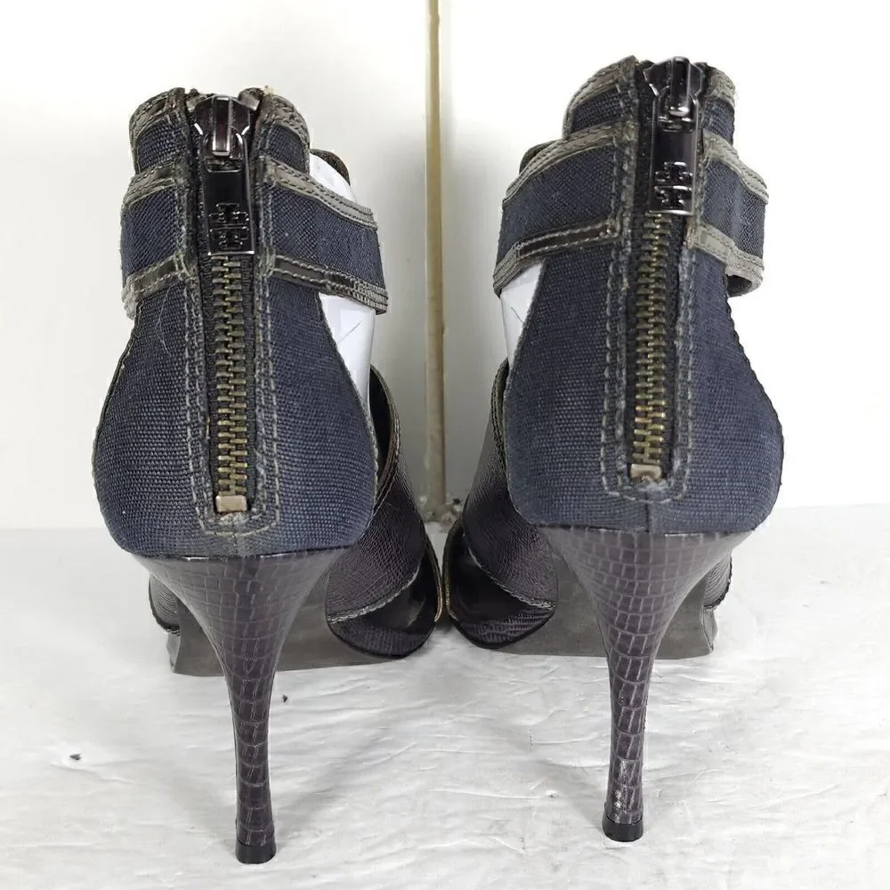 Tory Burch Women's US 10M Blue Canvas Leather Animal Print Cut-Out Heeled Sandal